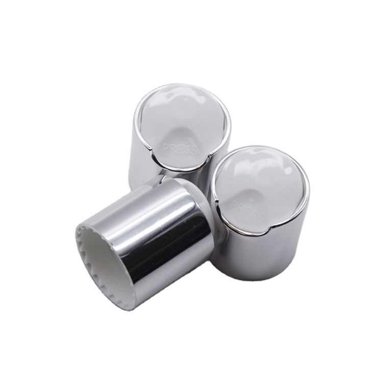 Hot sale 20-410 Shiny Silver/White P/P Plastic Smooth Skirt Press Top Dispensing Closure Cap