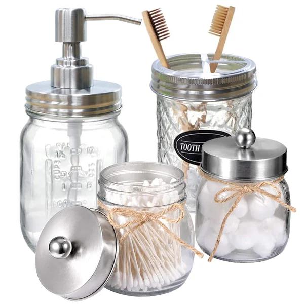 shanghai Premium Mason Jar Bathroom Accessories Set Lotion Soap Dispenser Toothbrush Holder Apothecary Qtip Holder Jars