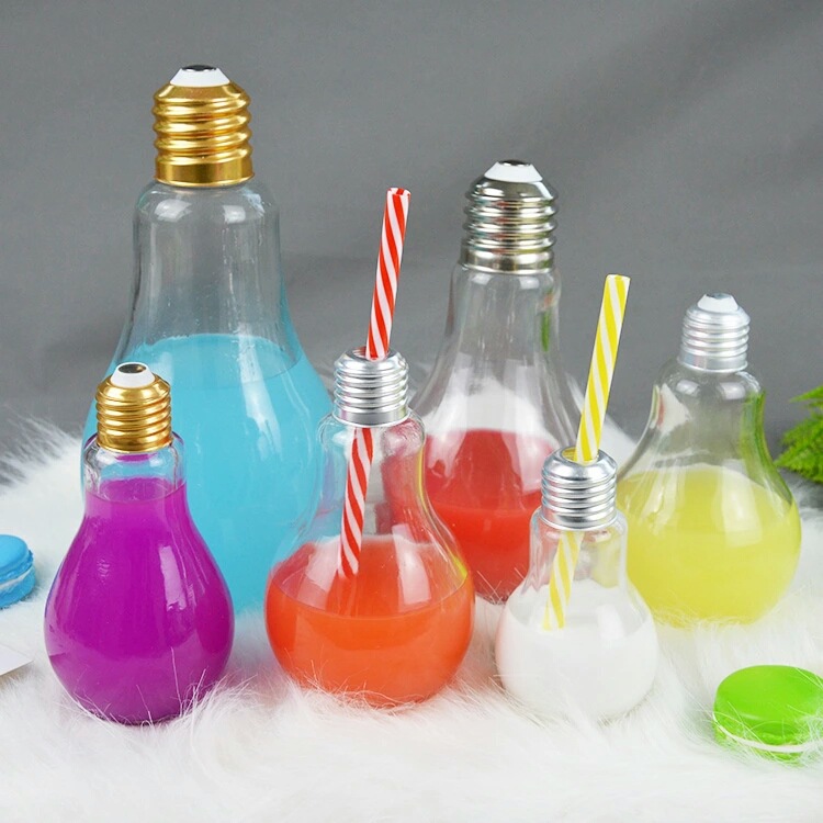 Ice cold drink glass bottle 400ml light bulb bottle glass for juice with golden lid and straw